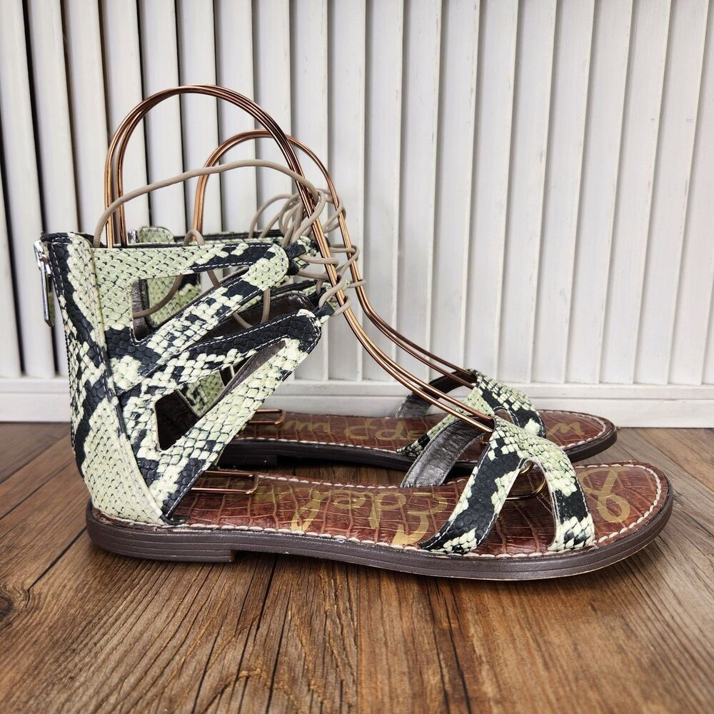 Sam Edelman Gwenna Womens Sz 7.5 M Green Leather Snakeskin Gladiator Sandals Zip